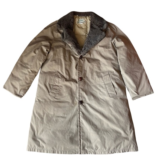 Vintage LL Bean Down Mainer Puffer Jacket Fleece Collar Tan Trench Coat 90s - Picture 1 of 4